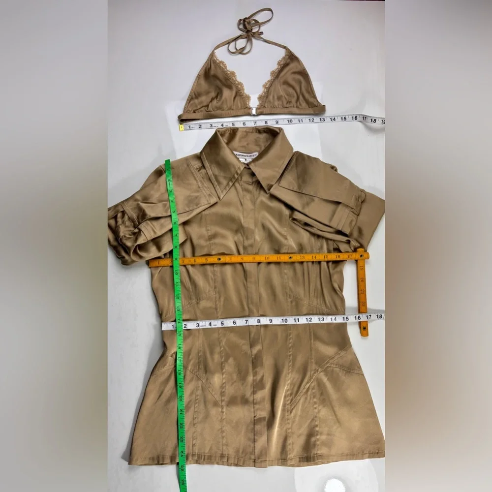 Kaufmanfranco Tan Stretch Silk Button Down Collared Blouse w/ Lace Bralette Sz 8 - Picture 11 of 11